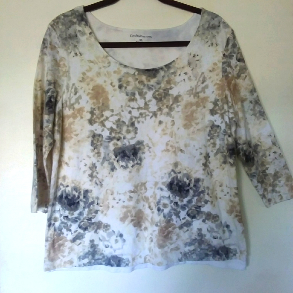 croft & barrow White Floral Print Scoop Neck Blouse